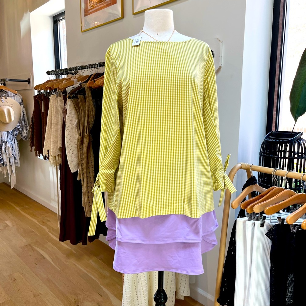 Lafayette 148 Gingham Top, Long Sleeves, Green, XL, EUC